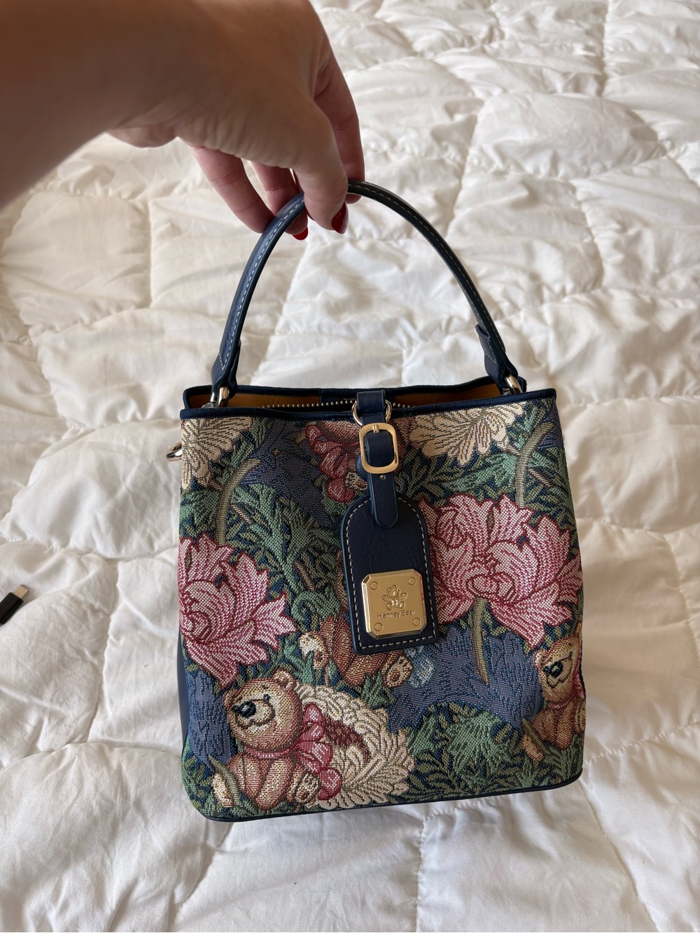 Floral & Bear Tapestry Top-Handle Satchel in Navy